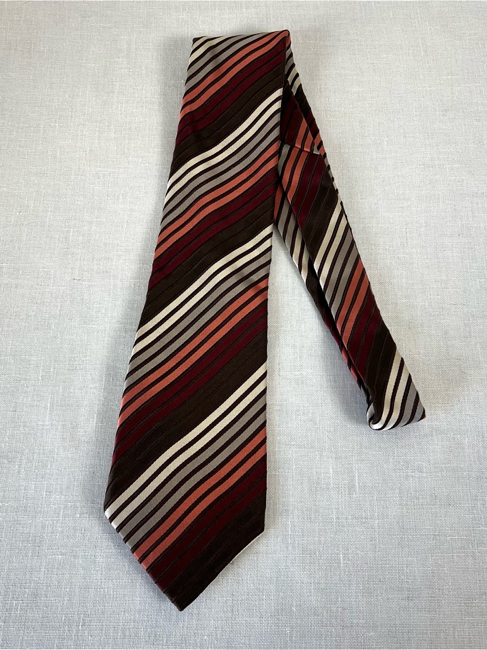 100% Silk Classic Men's Stripe Necktie in Brown, Rust, Gray & Cream